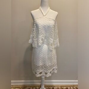 White crochet pattern halter dress